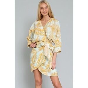 Mahina Mini Wrap Dress Medium Mint Yellow Palm Print Dolman Sleeves Vacation NWT